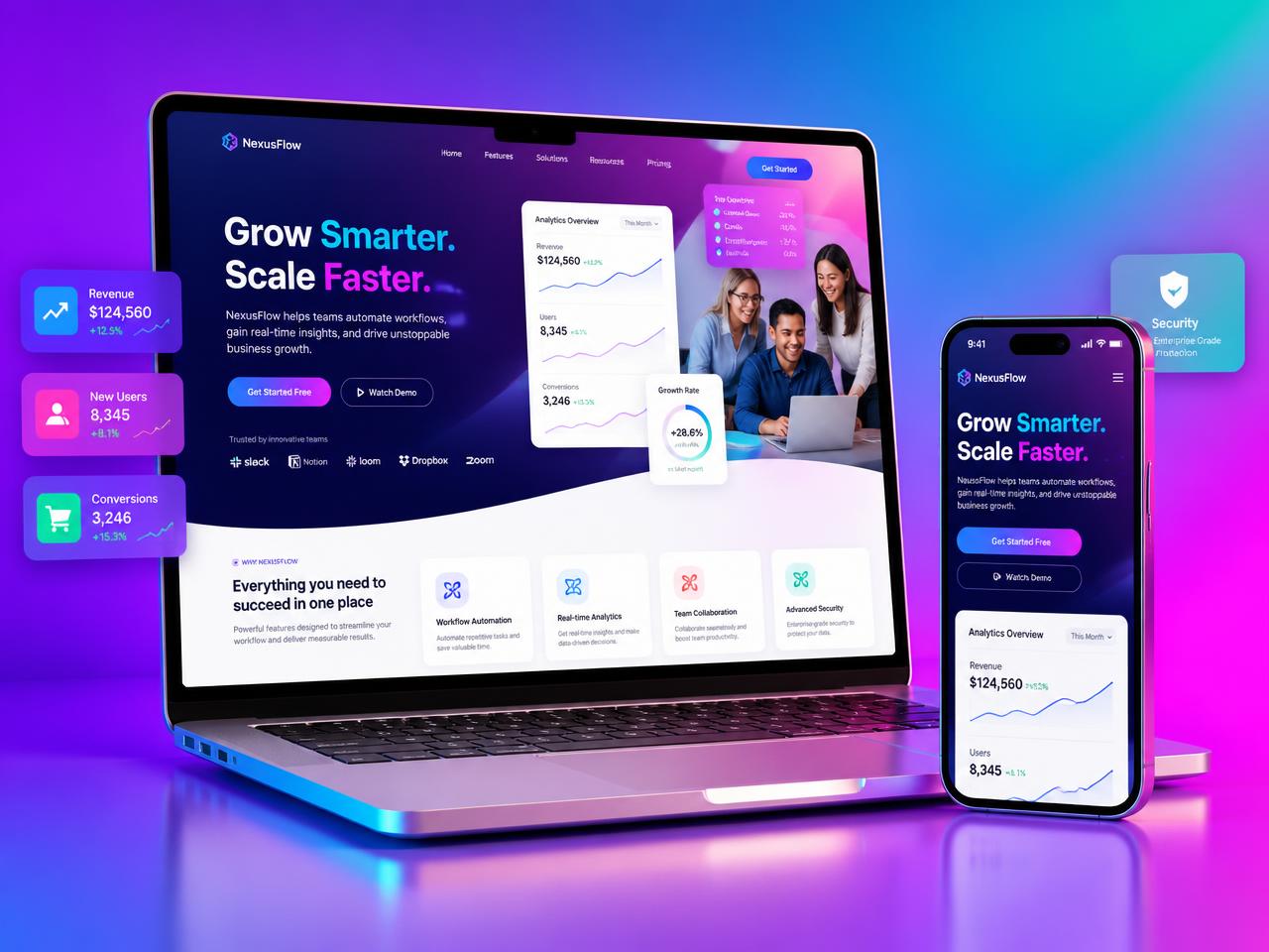 Laptop and smartphone showing a colorful professional business website